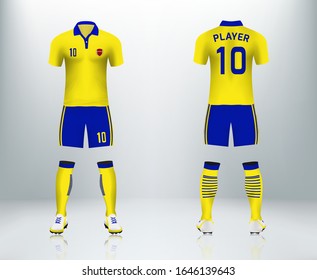 3D Ukraine realistic of front and back view of soccer jersey shirt on shop backdrop. Concept for soccer team uniform or football apparel mock up.Wales soccer kit t-shirt template in vector.