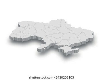 3d Ukraine white map with regions isolated on white background