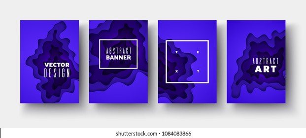 3d Ultraviolet layers of wave shapes Style of paper cut Abstract monochrome background for business covers, presentations, posters, flyers Set of 4 A4 banners with space for text