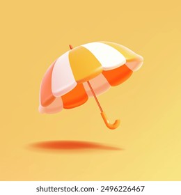 3D umbrella, orange and white. Object on an orange background. Modern icon. Vector illustration.