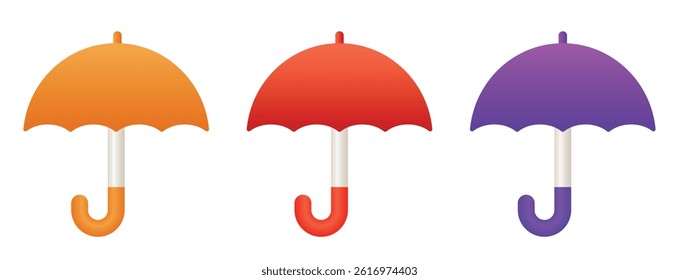 3d umbrella. Set of red, orange and purple umbrellas. Vector clipart isolated on white background.