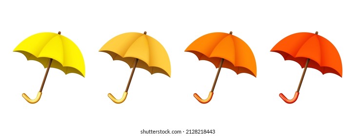 3d umbrella. Set of yellow, red and orange matte umbrellas. Vector clipart isolated on white background.