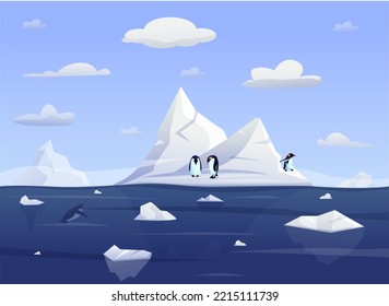 3d underwater iceberg, ice swim. Winter environment, snow banner with arctic or antarctic penguins. Polar sea landscape, wildlife nature. Wild animals vector cartoon recent illustration