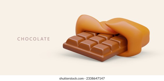 3D unfolded chocolate bar. Classic sweets. Dessert in package. Cocoa delicacy. Advertising vector banner with text. Vector concept on colored background