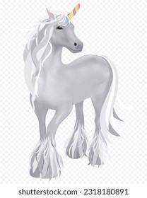 3D Unicorn with Rainbow horn, Black Eyes with silver long mane,Isolated Cute Cartoon Character of magical Horse,Vector Illustration design elements apply for Children products