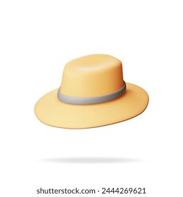 Sombrero de paja unisex 3d aislado en blanco. Render sombrero de paja con cinta. Capó de verano amarillo. Concepto de vacaciones de verano o Festiva, Tiempo de viajar. Playa Relajación. Ilustración vectorial realista