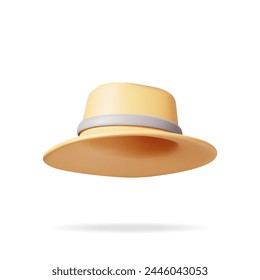 3d Unisex Straw Hat Isolated on White. Render Straw Sunhat with Ribbon. Yellow Summer Bonnet. Concept of Summer Vacation or Holiday, Time to Travel. Beach Relaxation. Realistic Vector Illustration