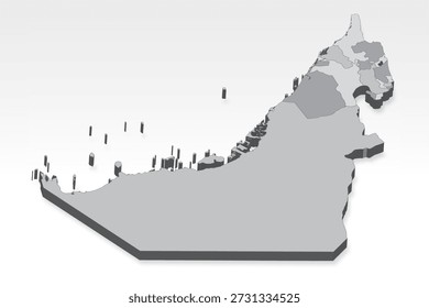 Mapa 3D de Emiratos Árabes Unidos con todos los estados en gris. Mapa tridimensional EAU con sombra sobre fondo blanco para su diseño, App, interfaz de usuario. EPS10.