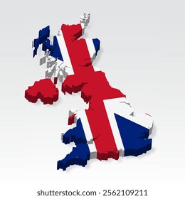 3D  United Kingdom map with flag. Three dimensional map of UK with shadow. Flag of  United Kingdom on white background for your design, app, UI.  Stock vector. EPS10. 