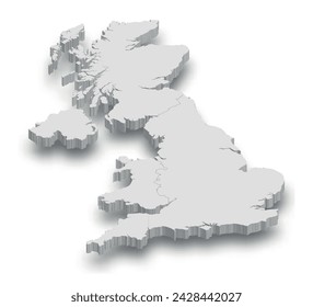 3d United Kingdom white map with regions isolated on white background