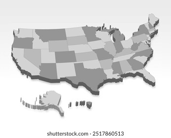 Mapa 3D de Estados Unidos con todos los estados en gris. Mapa tridimensional de EE.UU. con sombra. Bandera de Estados Unidos de América sobre fondo blanco para su diseño, App, UI. EPS10. 