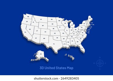 3D United States Map with State Borders and Names Concept Illustration
