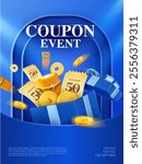 3d unlimited coupons and gift lucky money, golden coins in an opened gift box, isolated on blue background. Gift voucher banner template with flying coins and gift box in 3d vector