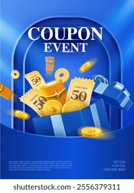 3d unlimited coupons and gift lucky money, golden coins in an opened gift box, isolated on blue background. Gift voucher banner template with flying coins and gift box in 3d vector