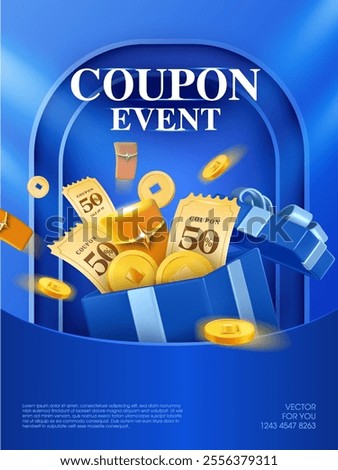 3d unlimited coupons and gift lucky money, golden coins in an opened gift box, isolated on blue background. Gift voucher banner template with flying coins and gift box in 3d vector