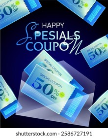 3d unlimited flying coupons with coupon code, percent price off, isolated on gradient deep blue background with transparent envelope. Gift voucher banner template in 3d vector