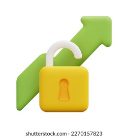 3d unlocked padlock with arrow up icon vector. Isolated on white background. 3d startup, business and finance concept. Cartoon minimal style. 3d development icon vector render illustration.