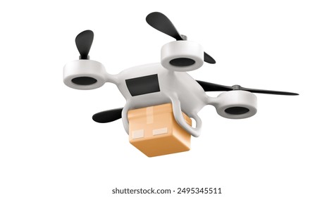 3d unmanned drone package delivery technology icon. Realistic aerial quadcopter robot flight with parcel and propeller render. Remote wireless control for cargo or mail innovation shipping design