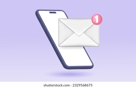3d letra sin leer en el buzón por teléfono. Carta de correo electrónico. Sobre con notificación y smartphone en fondo morado.