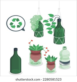 3d Upcycling silhouette round template for poster, banner. DIY outline emblem. Green bag print. Reuse of waste old things. Environment concept. Cutout flat icons with Symbol. Color vector