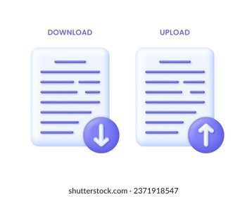 3D Upload and Download file. Upload and download file, document concept. Trendy and modern vector in 3d style.