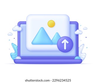 3D Upload picture icon on Computer. Picture, jpg file, photo icon. Gallery icon. Mountains and sun. Trendy and modern vector in 3d style