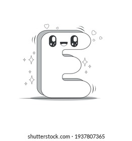 3D uppercase letter E in black and white kawaii style. Isolated letter with pastel colored background.