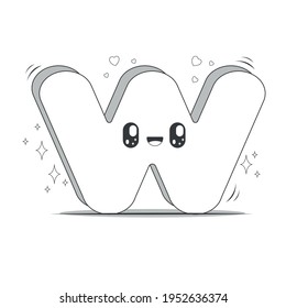 3D uppercase letter W in black and white kawaii style. Isolated letter with pastel colored background.