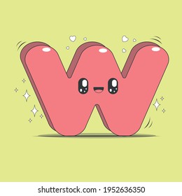 3D uppercase letter W in kawaii style. Isolated letter with pastel colored background.