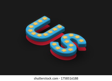 3D-Schriftart "US", isometrische Vektorgrafik