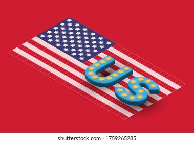 Tipo de letra 3D "US" en la bandera isométrica de Estados Unidos, ilustración vectorial