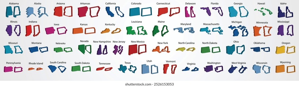 3D USA 50 States Icon, também inclui New York, Pennsylvania, Rhode Island, South Carolina, South Dakota, Tennessee, Texas, Vetor outline de 50 estados com seus nomes