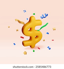 3D USA dollar symbol in color confetti. Render American financial sign in ribbon explosion. Yellow icon of money dollar. Profit, richness, wealth. Money currency US cash label. Vector illustration