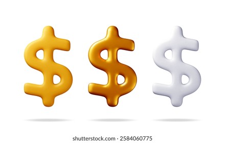 3D USA dollar symbol Isolated on white. Render American financial sign. Yellow, white and golden icon of money dollar. Profit, richness, wealth. Money currency US cash label. Vector illustration