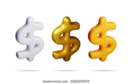 3D USA dollar symbol Isolated on white. Render American financial sign. Yellow, white and golden icon of money dollar. Profit, richness, wealth. Money currency US cash label. Vector illustration