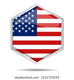 Bandera 3D USA con marco hexagonal de plata. Brillante cromo brillante metálico aislado sobre fondo blanco, Vector plano de la Alta resolución del estilo de la historieta EPS, editable y escalable para la impresión fácil