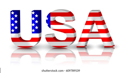 3D USA Lettering with National Flag Texture and Mirror Reflection. Vector Illustration