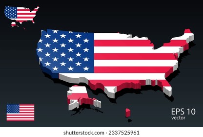 3D USA map and flag . 3D shape design . Independence day concept . Perspective view . Vector