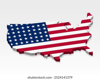 Mapa 3D USA con bandera. Mapa tridimensional de Estados Unidos con sombra. Bandera de Estados Unidos de América sobre fondo blanco para su diseño, App, UI. Vector de valores. EPS10.