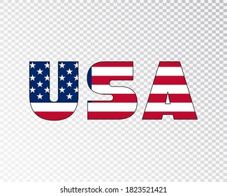 3D USA text with American flag inside the text. Vector illustration on white background. USA flag in text. American flag in letters. National emblem. Patriotic illustration.