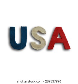 3D USA Word Text Vector American Flag. Vector illustration. Plasticine modeling.