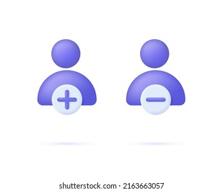 Icono de usuario 3d y más, menos marca aislada en fondo blanco. Avatar, humano, persona, icono de la gente. Colección de signos de ilustración de personas. Se puede usar para muchos fines. Vector de moda en estilo 3d.