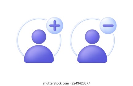 3d User icon and plus, minus marks isolated on white background. Avatar, human, person, people icon. People illustration sign collection. Can be used for many purposes. Trendy vector in 3d style.