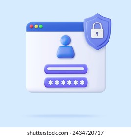 3d user Login form page. Sign in to account concept. User name, password fields, shield. Safety verification mobile app. cartoon style minimal design. 3d rendering. Vector illustration