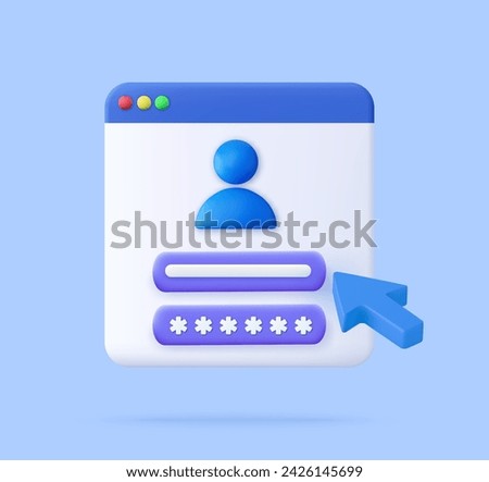 3d user Login form page. Sign in to account concept. User name, password fields. cartoon style minimal design. 3d rendering. Vector illustration