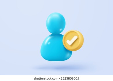 Icono de perfil de usuario 3D o signos de avatar social y persona del personal de comunicación comercial. Verificación de identidad exitosa con marca de verificación. Ilustración de renderizado de Vector de icono de Botón de administrador de Cuenta redonda 3D