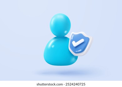 Icono de perfil de usuario 3D o signos de avatar social y persona del personal de comunicación comercial. Verificación de identidad exitosa con marca de verificación. Ilustración de renderizado de Vector de icono de Botón de administrador de Cuenta redonda 3D