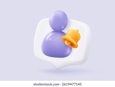Icono de perfil de usuario 3D o signos de avatar social y persona del personal de comunicación comercial. Verificación de identidad exitosa con alerta de aviso. Ilustración de renderizado de Vector de icono de Botón de administrador de Cuenta redonda 3D