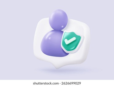 3d user profile icon or social avatar signs and business communication staff person. Identity verification success with checkmark. 3d round account manager button icon vector render illustration