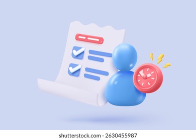 Icono de perfil de usuario 3D o signos de avatar social y persona del personal de comunicación comercial. Verificación de identidad exitosa con alerta de aviso. Ilustración de renderizado de Vector de icono de Botón de administrador de Cuenta redonda 3D